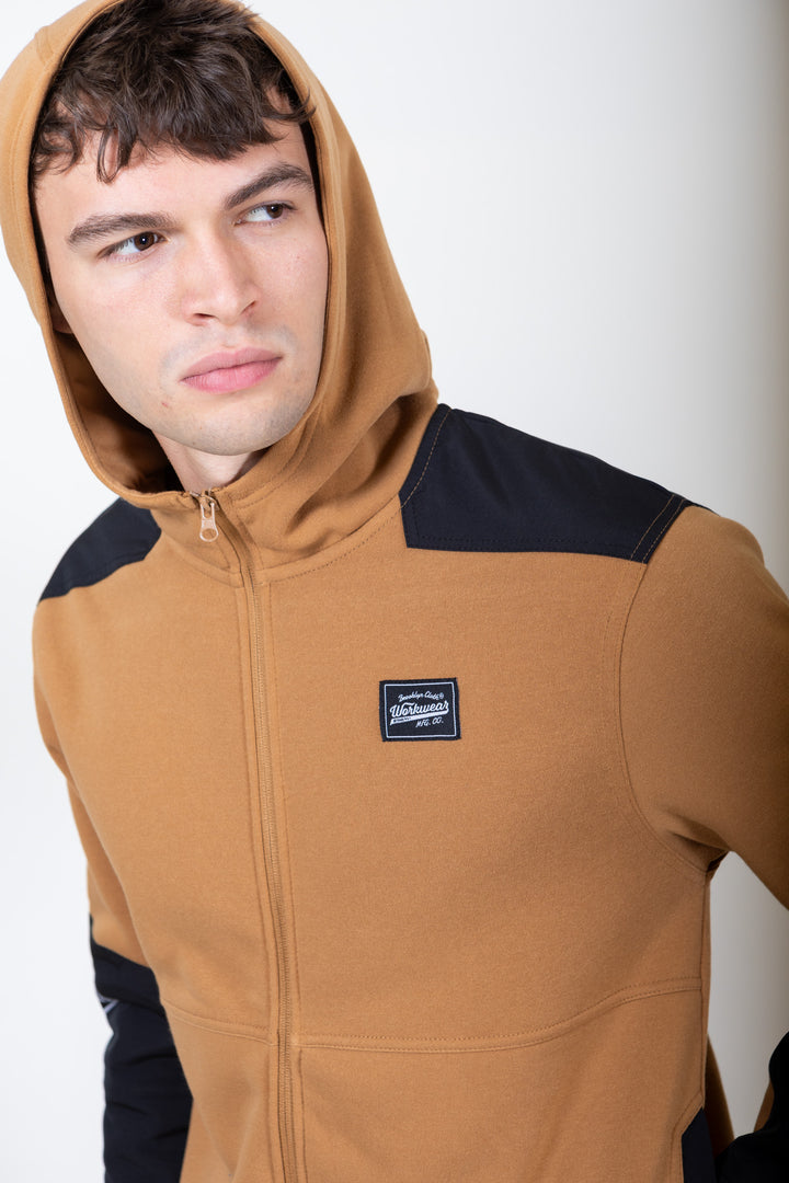 Men's tobacco color blocked fleece zip up long-sleeve hoodie.  #color_tobacco