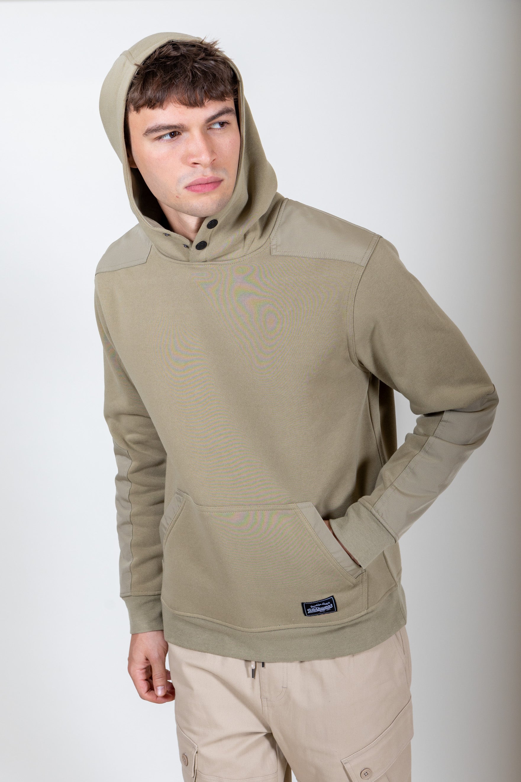Men's long sleeve fleece olive hoodie. Brooklyn Cloth #color_olive_grey