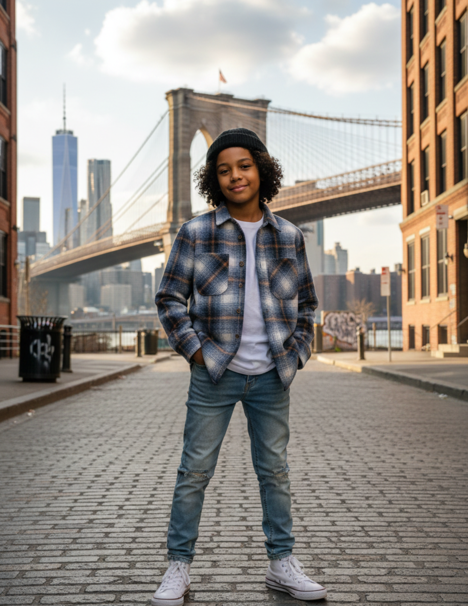 kid standing on a street with the Brooklyn Bridge and Manhattan skyline in the background #color_blue-beige