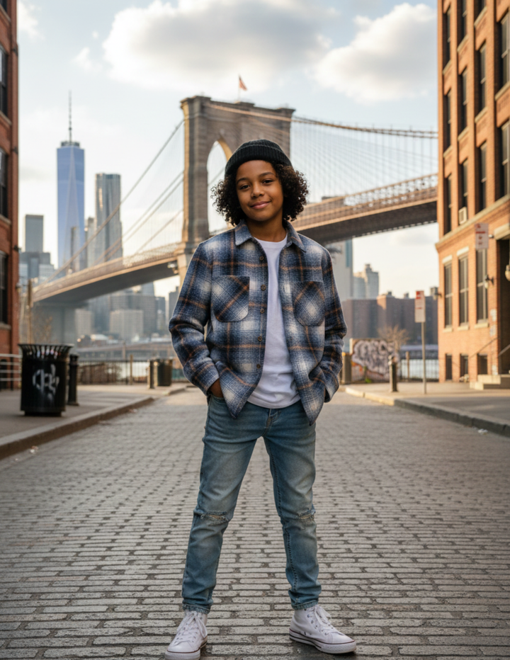 kid standing on a street with the Brooklyn Bridge and Manhattan skyline in the background #color_blue-beige