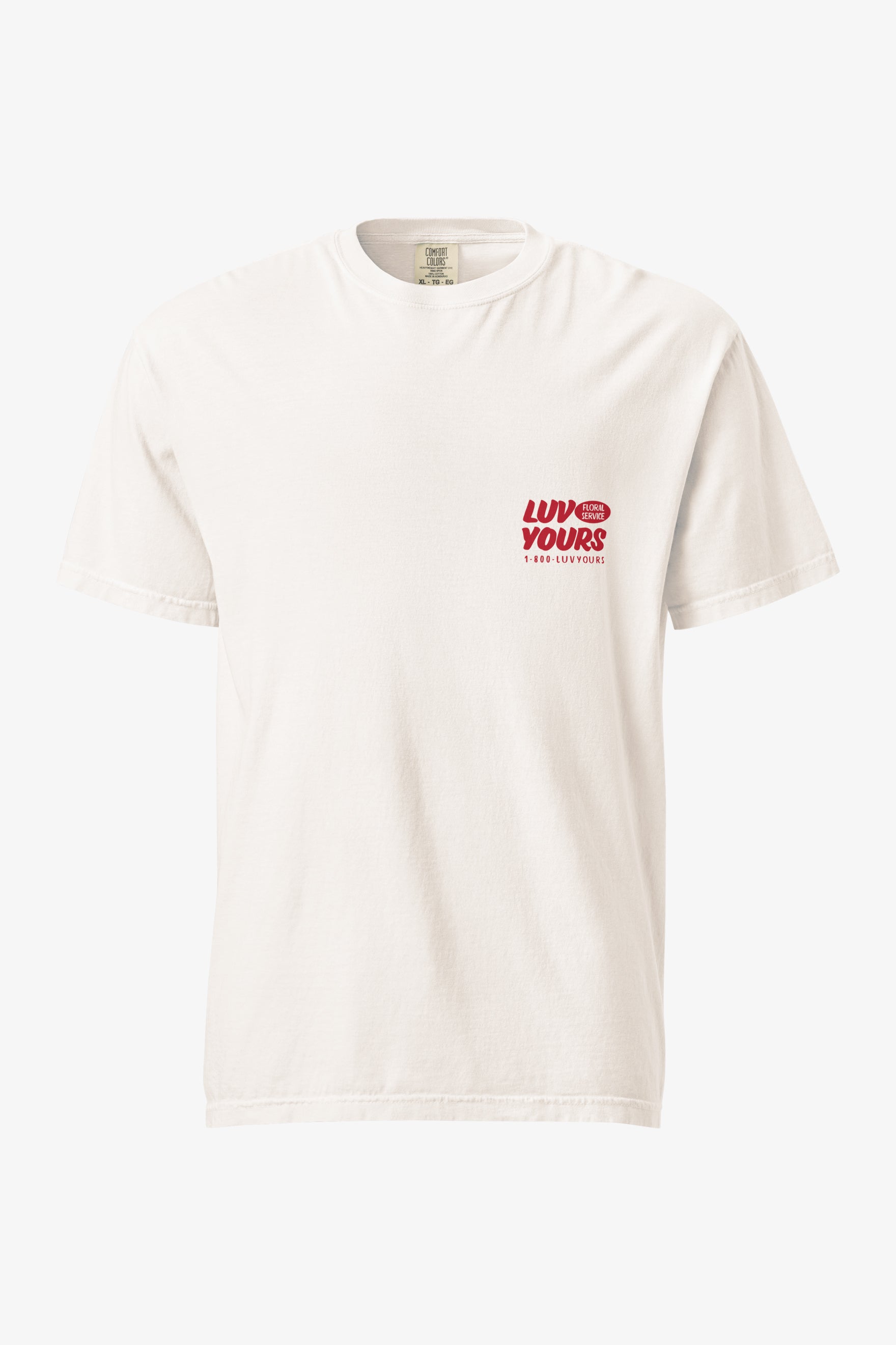 Luv Yours: Men's white 100% cotton t-shirt with large print  Luv Yours artwork on back 