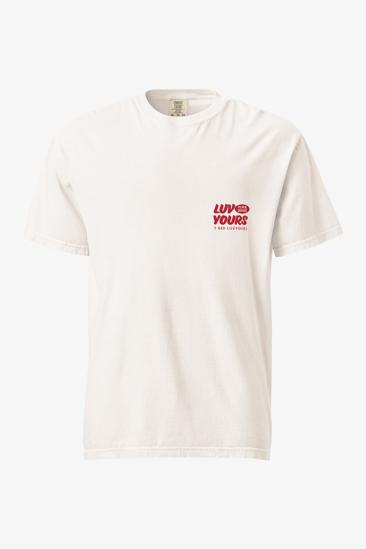 Luv Yours: Men's white 100% cotton t-shirt with large print  Luv Yours artwork on back 