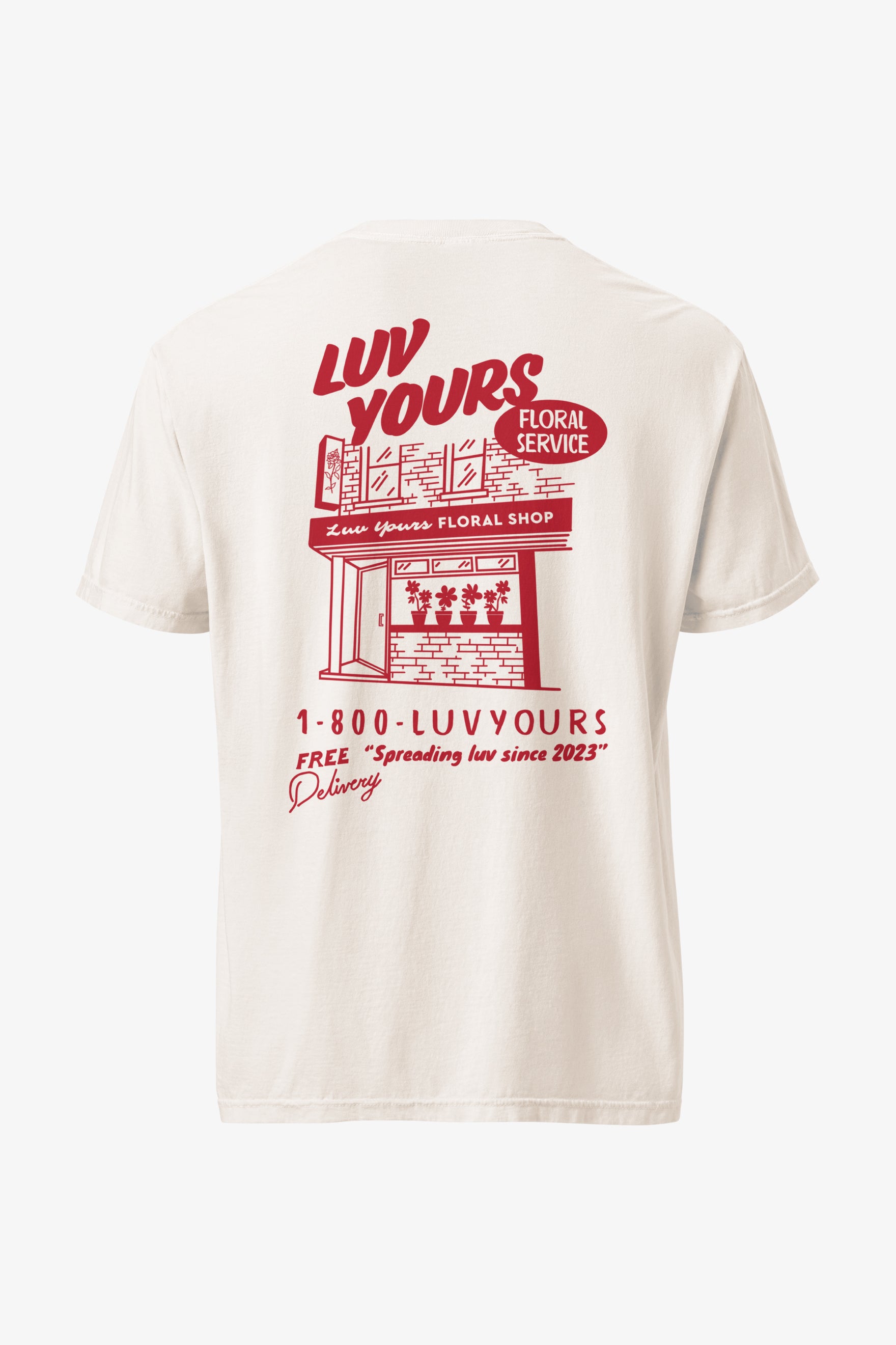 Luv Yours: Men's white 100% cotton t-shirt with large print  Luv Yours artwork on back 